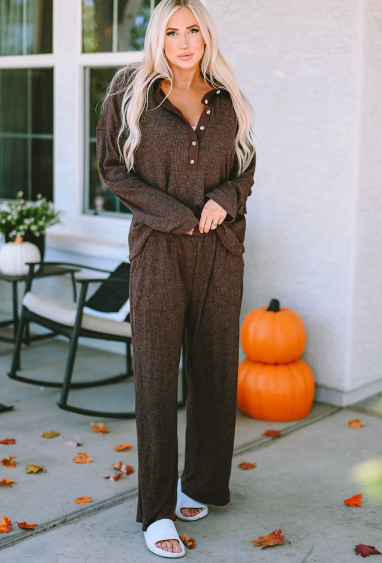 Brown rib knit lounge set