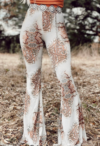 White western print bell bottom pants