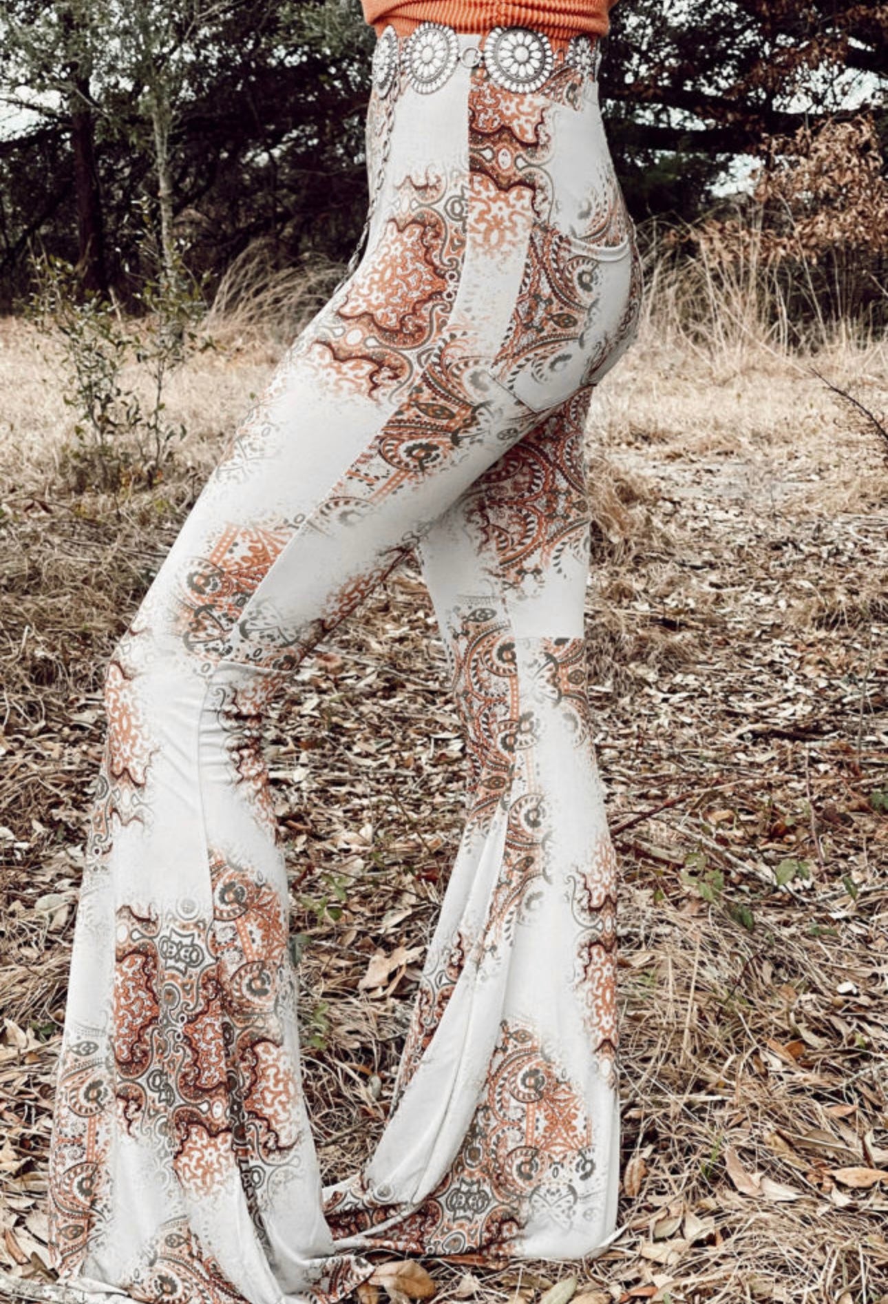 White western print bell bottom pants