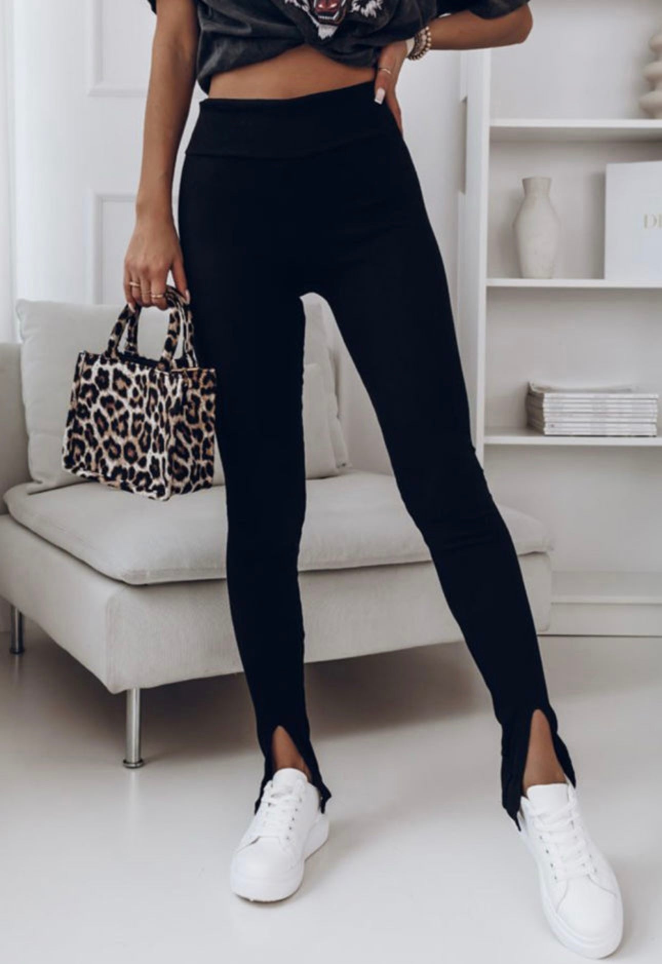 Black ribbed slit bottom leggings.