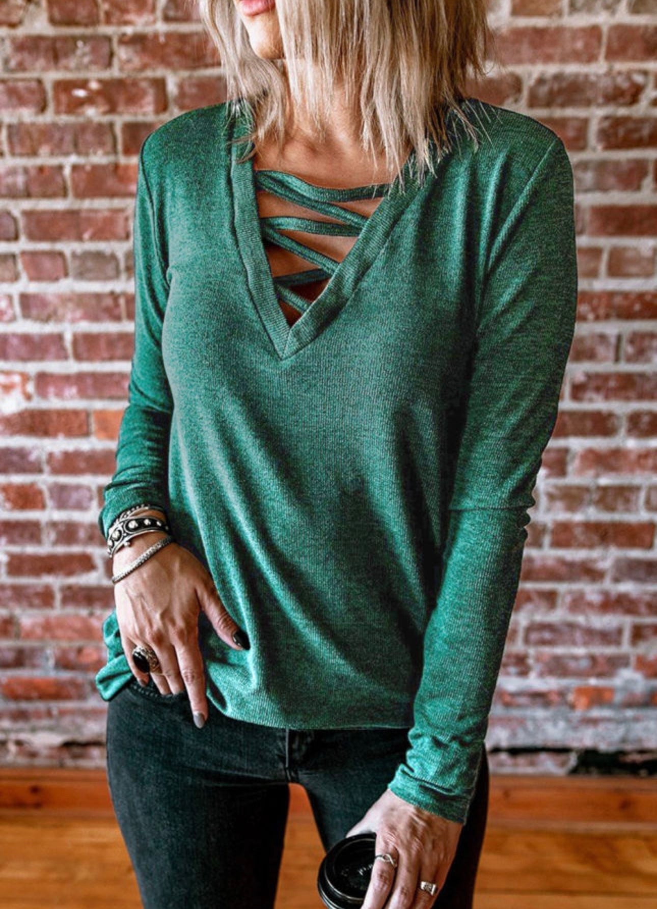 Green long sleeve criss cross top