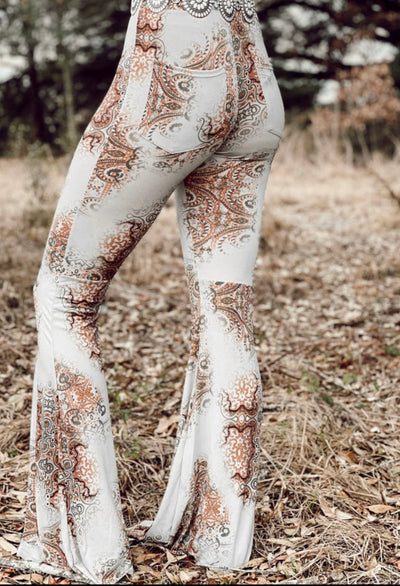 White western print bell bottom pants