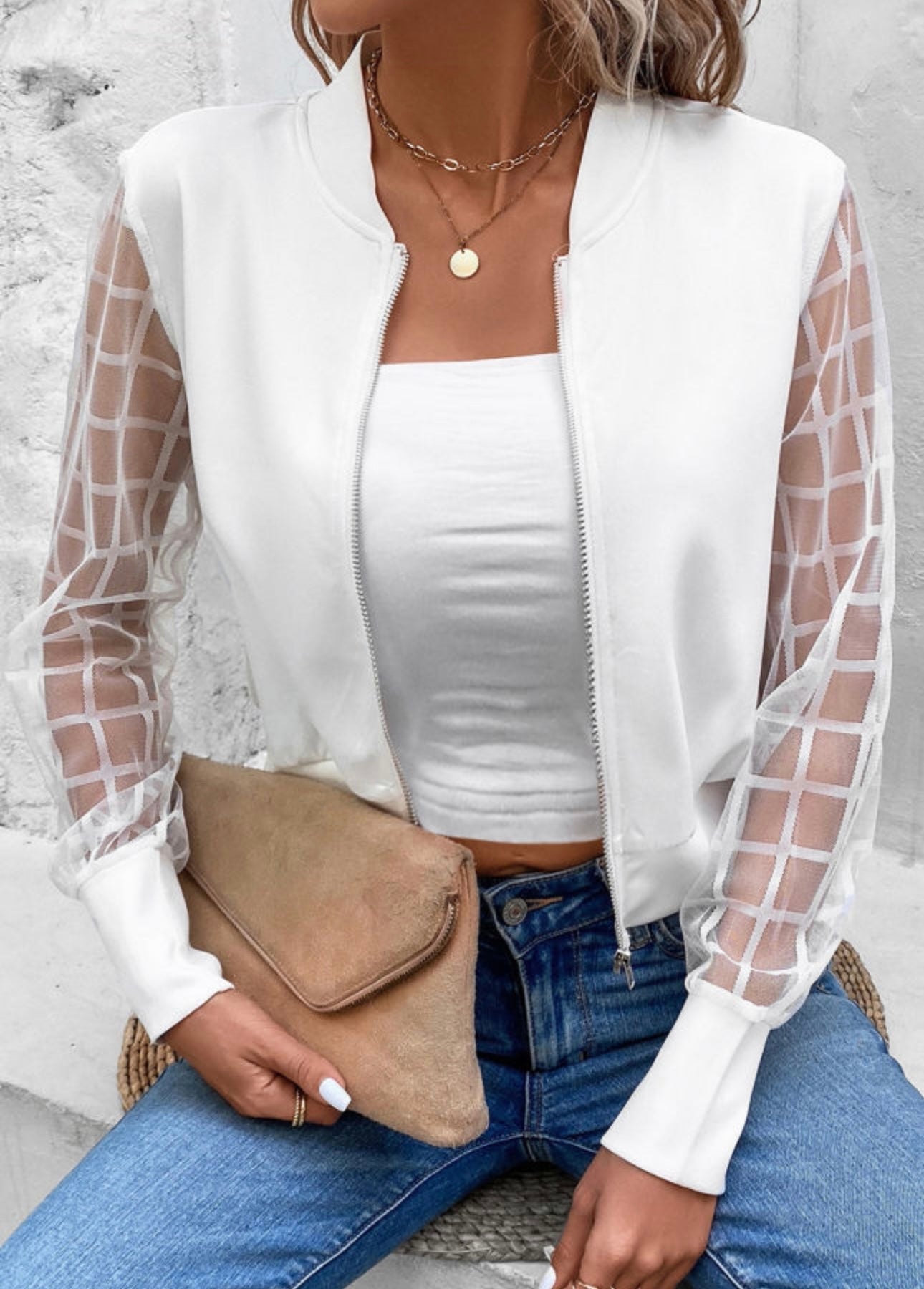 White latticed mesh sleeve zip up jacket