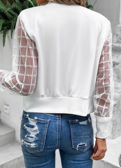 White latticed mesh sleeve zip up jacket