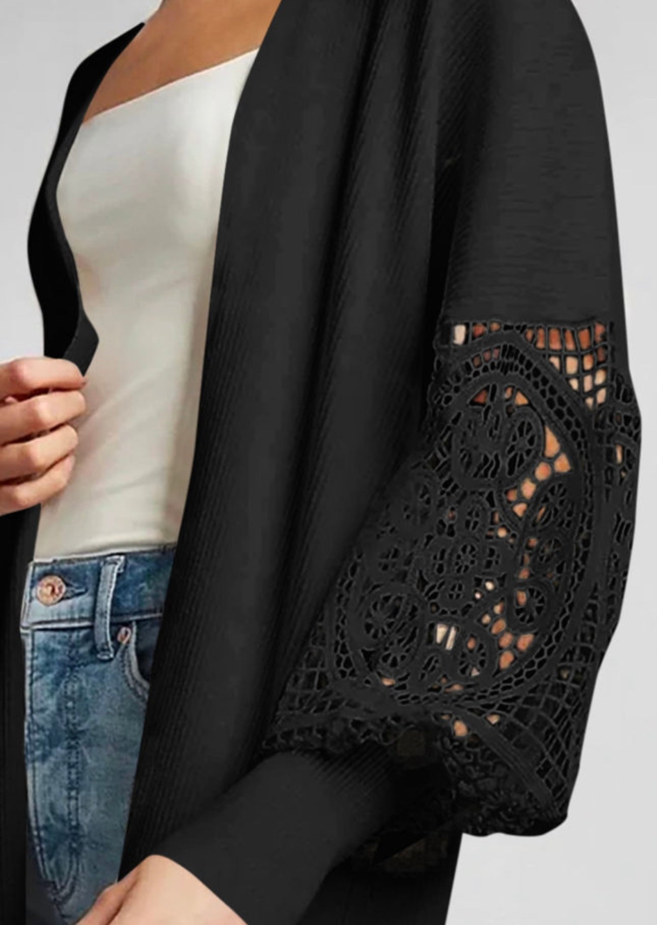 Black lace cut out sleeve cardigan