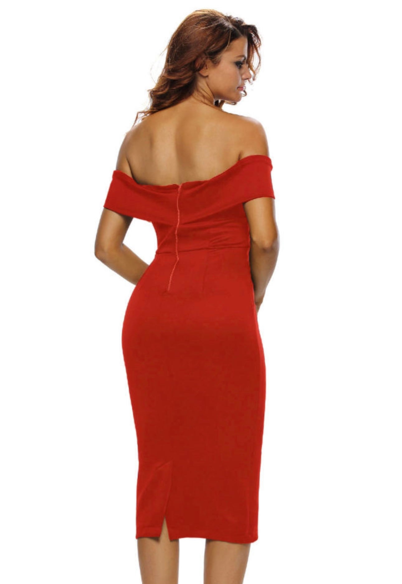 Red off shoulder midi-dress