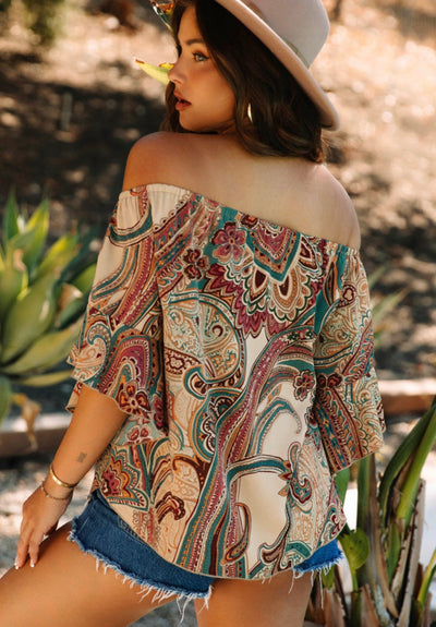 On or off shoulder paisley tan top