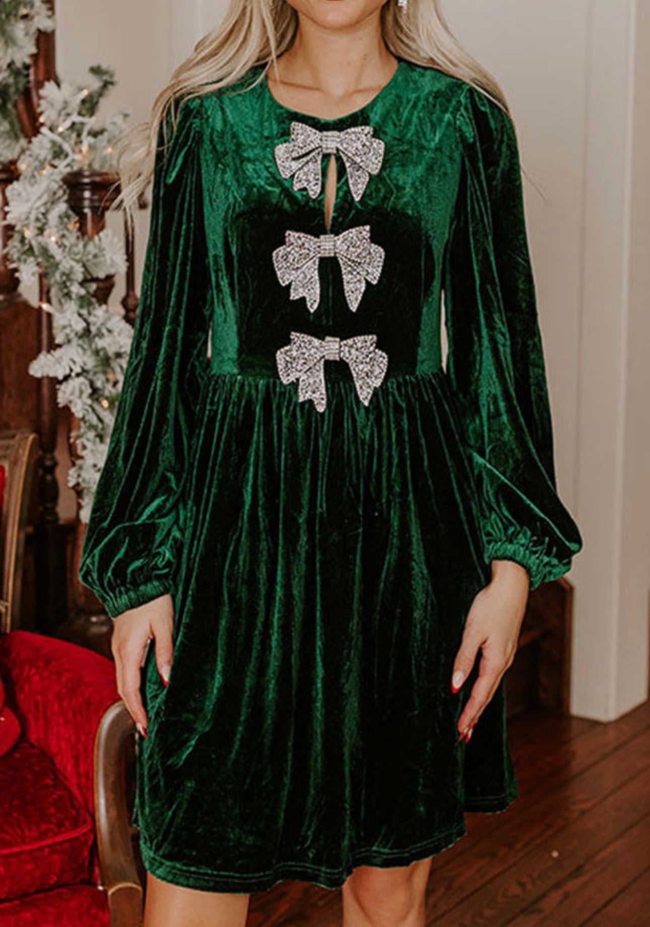 Green velvet bow dress