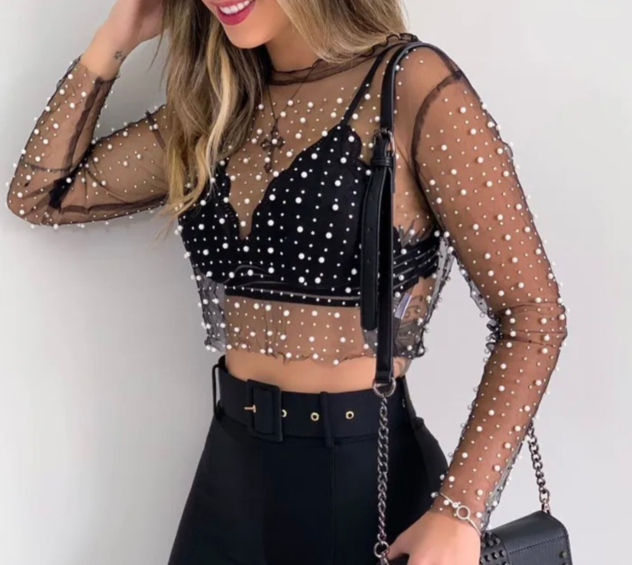 Black mesh pearl & rhinestone top