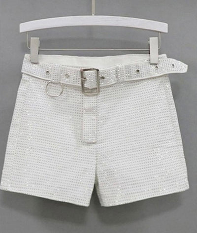 White rhinestone belted bling shorts