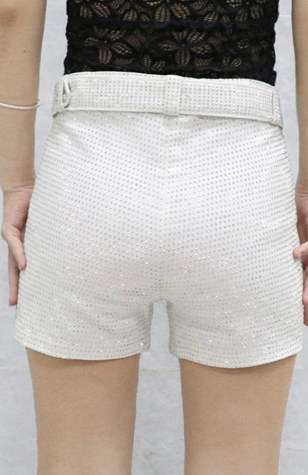 White rhinestone belted bling shorts