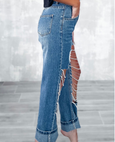 Dark denim bling rhinestone chain jeans