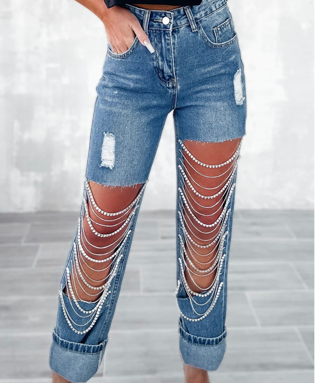 Dark denim bling rhinestone chain jeans