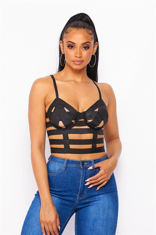 Black strappy top with a hint of sparkle