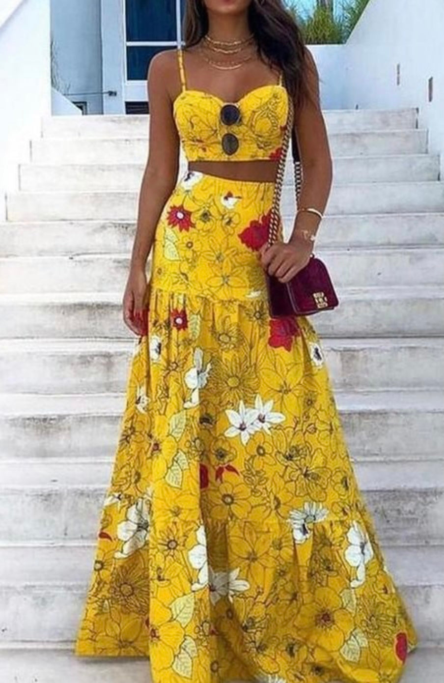 Two piece yellow floral skirt set