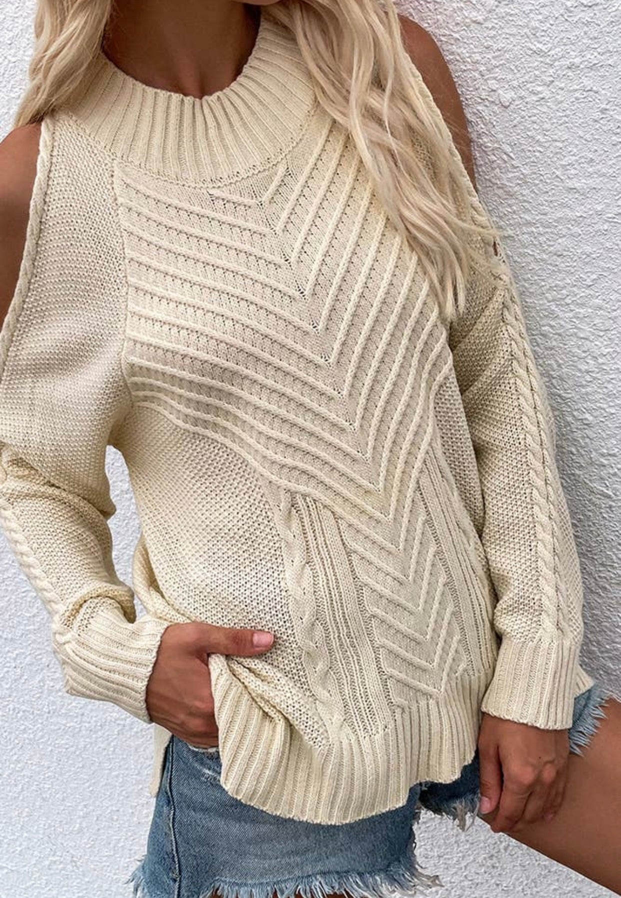 Beige cold shoulder sweater