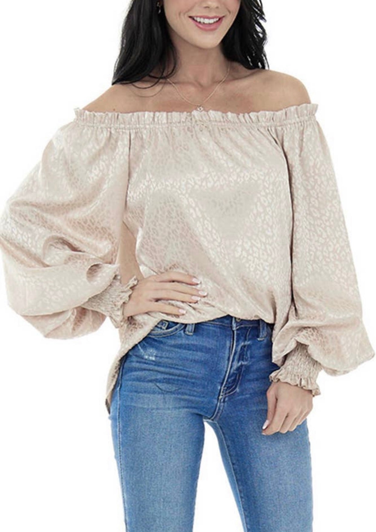 Leopard satin off shoulder blouse