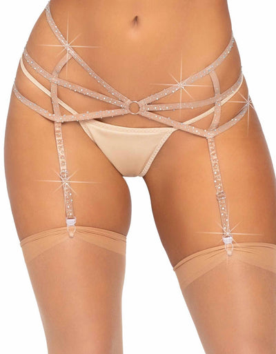 Nude strappy rhinestone garter belt