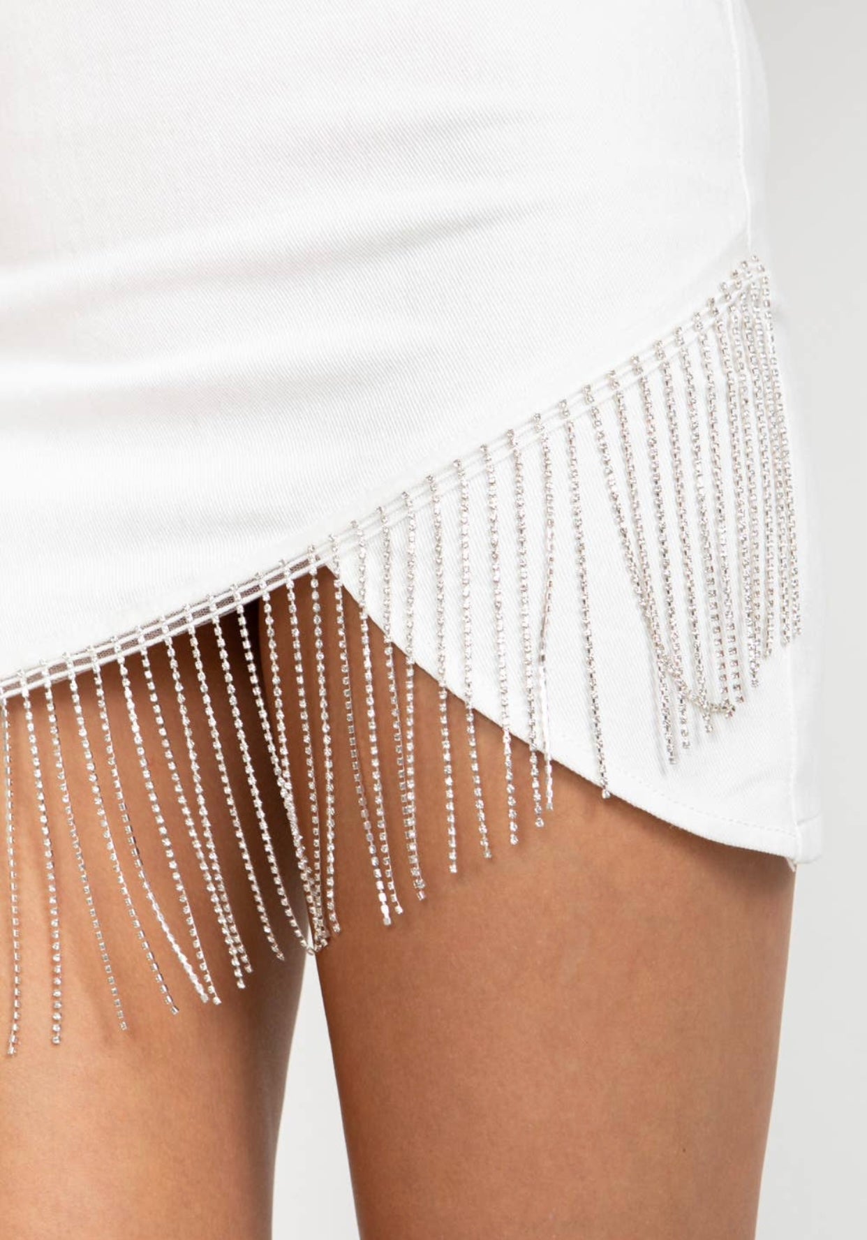 White jean skirt with Rhinestone fringe