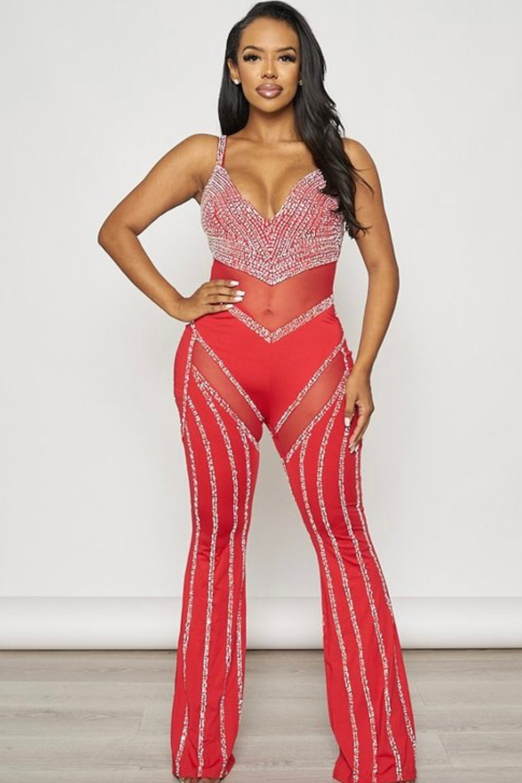 Red rhinestone mesh jumpsuits