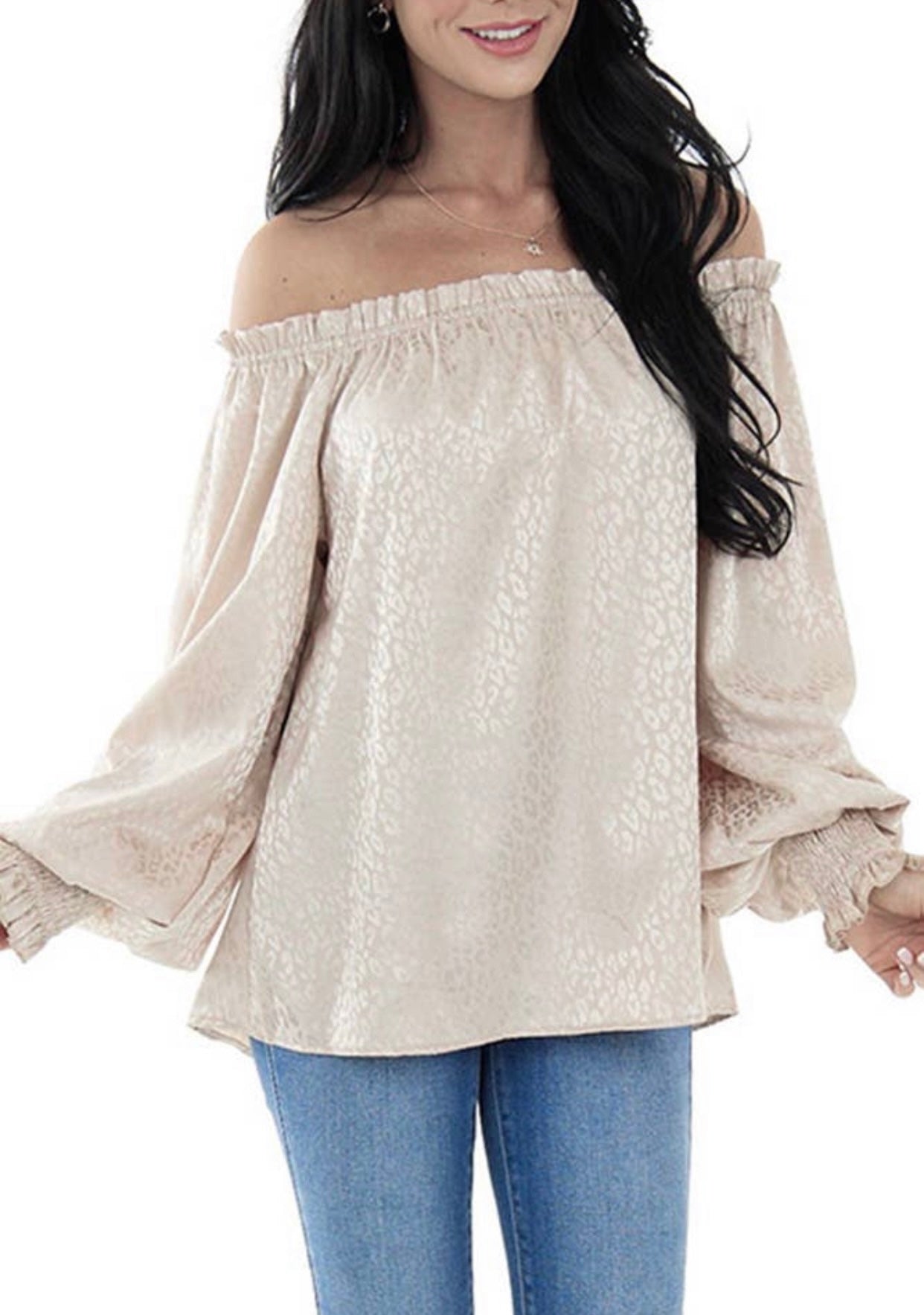 Leopard satin off shoulder blouse