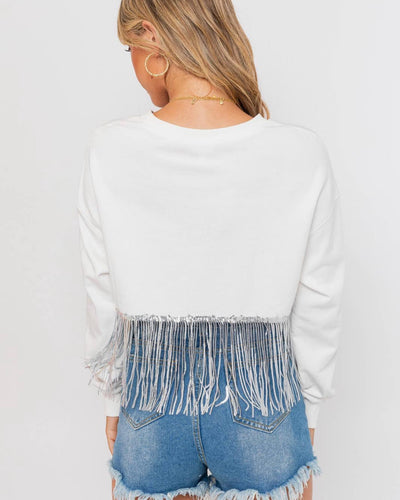 White crop top sequin fringe sweatshirt